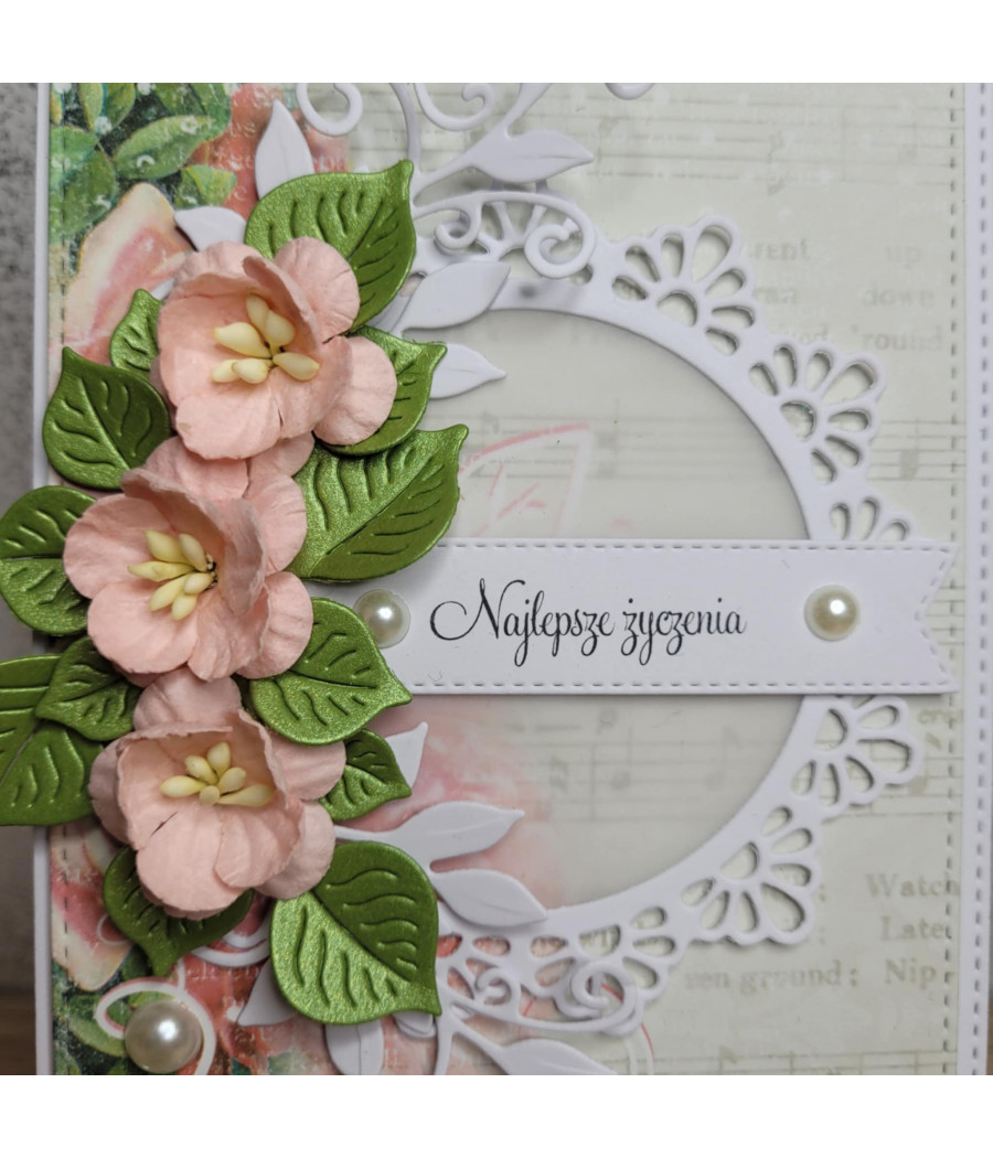 Beżowa kartka na każdą okazję, kwiaty, perełki, handmade