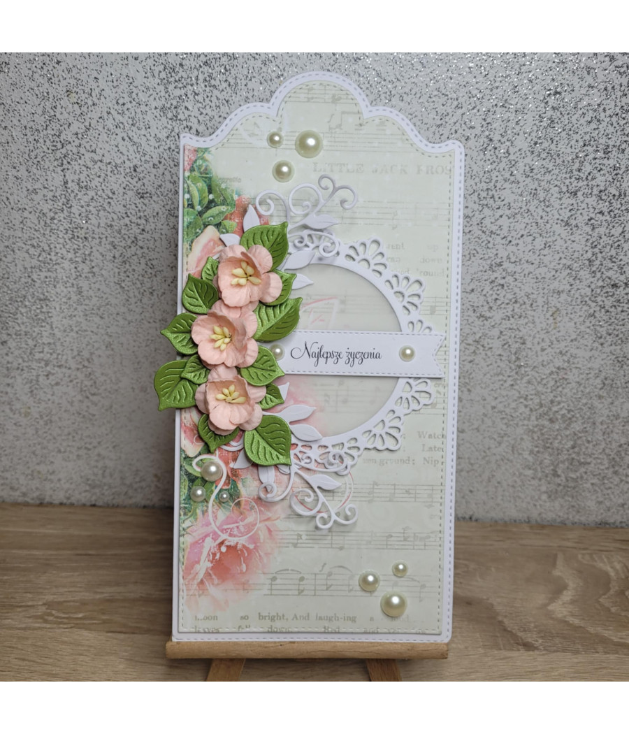 Beżowa kartka na każdą okazję, kwiaty, perełki, handmade