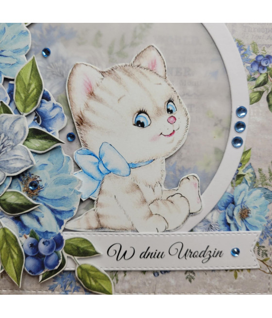 Błękitna kartka, Urodziny, Roczek, kwiaty, kotek, handmade