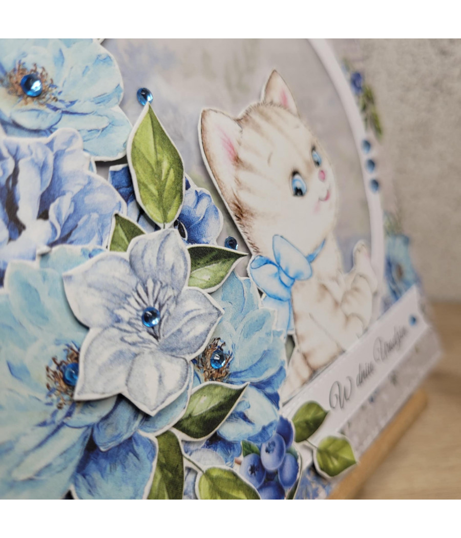 Błękitna kartka, Urodziny, Roczek, kwiaty, kotek, handmade