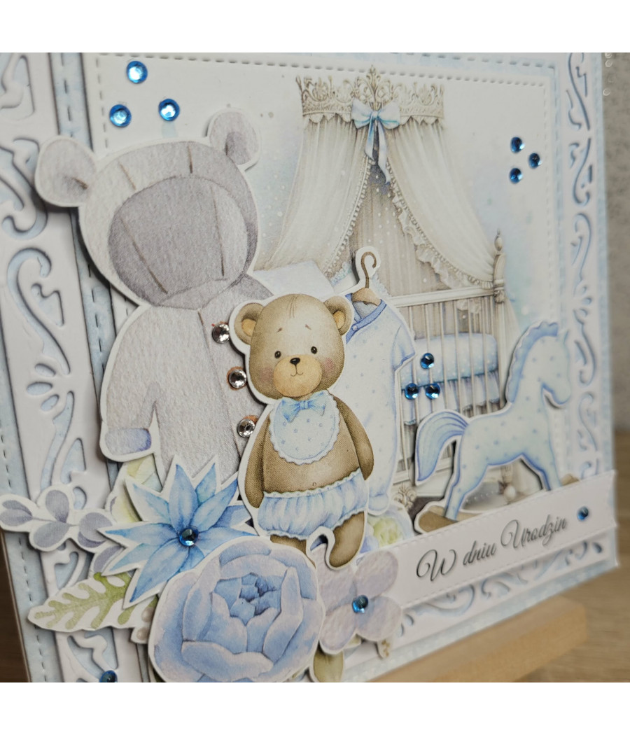 Błękitna kartka na Urodziny, Roczek, miś, konik na biegunach, handmade