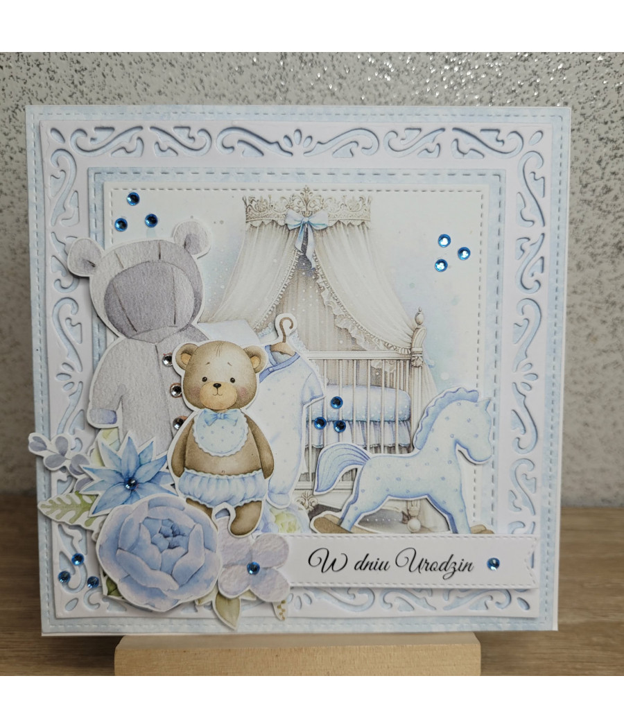 Błękitna kartka na Urodziny, Roczek, miś, konik na biegunach, handmade
