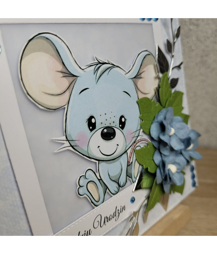 Niebieska kartka na urodziny, myszka, kwiaty, handmade