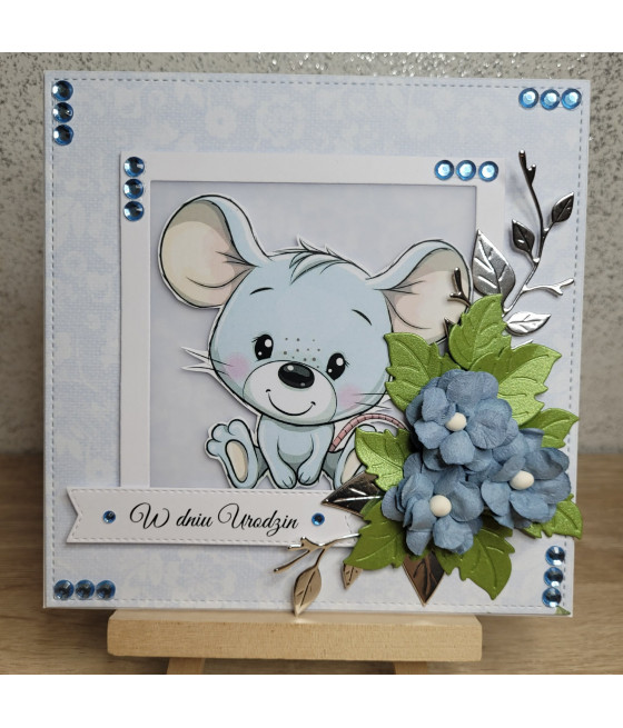 Niebieska kartka na urodziny, myszka, kwiaty, handmade