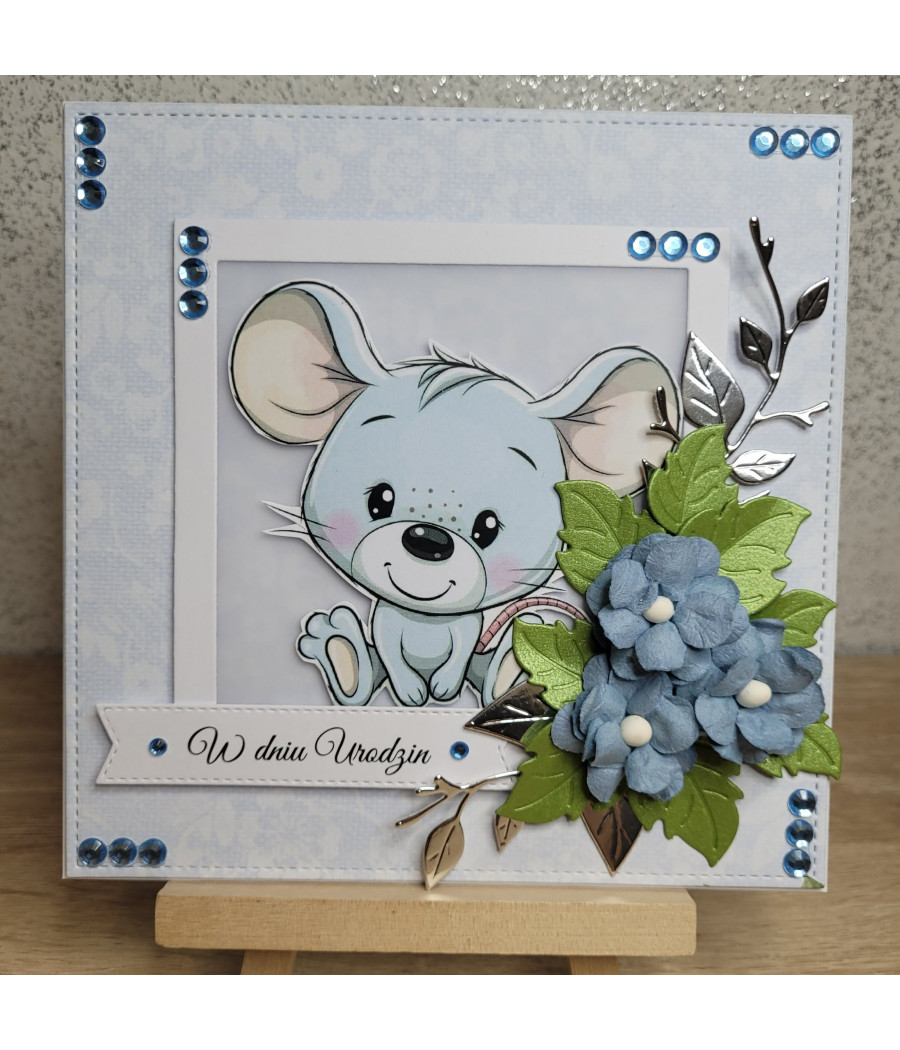 Niebieska kartka na urodziny, myszka, kwiaty, handmade