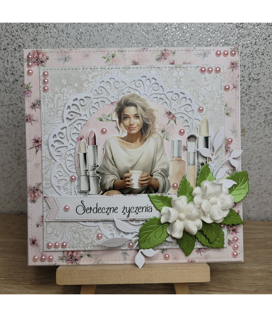 Delikatna, różowa kartka na każdą okazję, kosmetyki, handmade