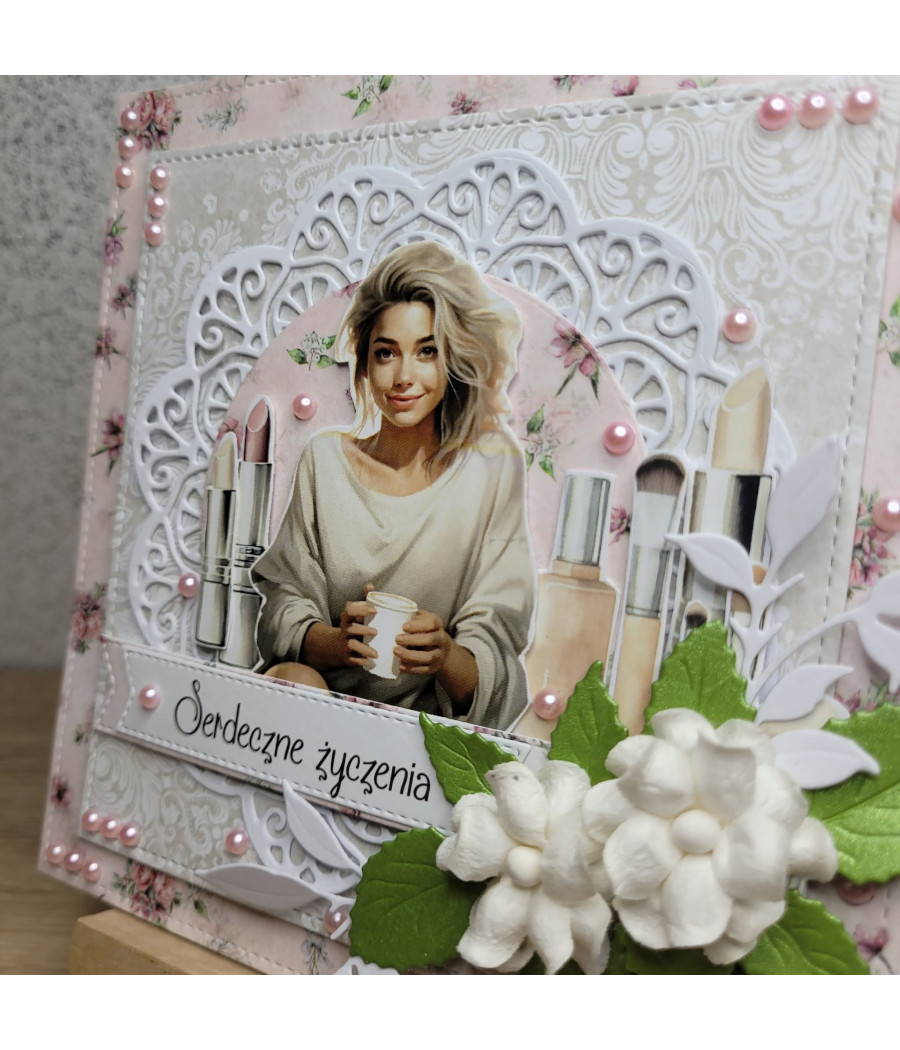 Delikatna, różowa kartka na każdą okazję, kosmetyki, handmade