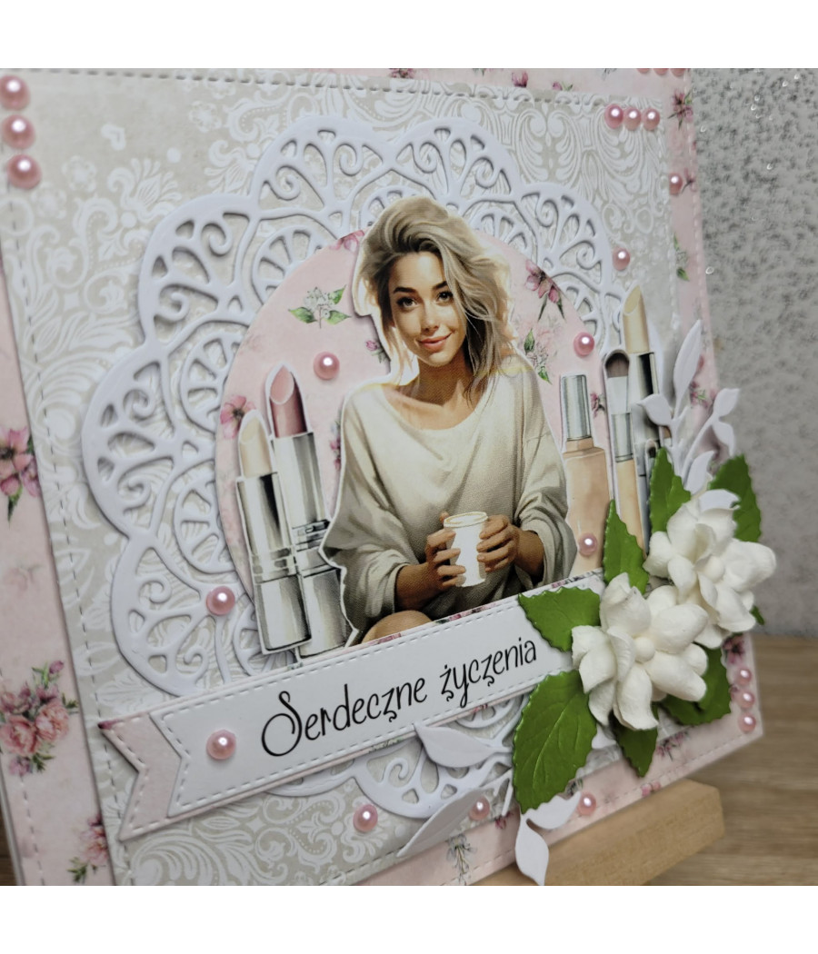 Delikatna, różowa kartka na każdą okazję, kosmetyki, handmade