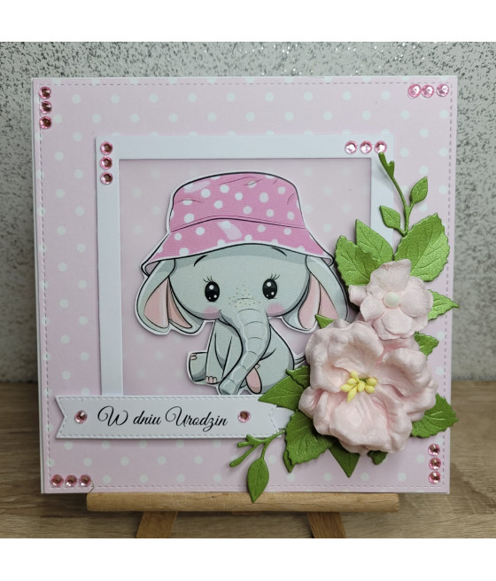 Rózowa kartka na Urodziny, Roczek, słonik, kwiaty, handmade