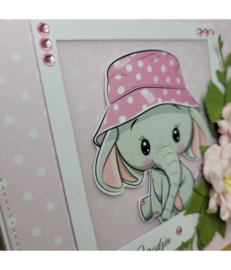 Rózowa kartka na Urodziny, Roczek, słonik, kwiaty, handmade