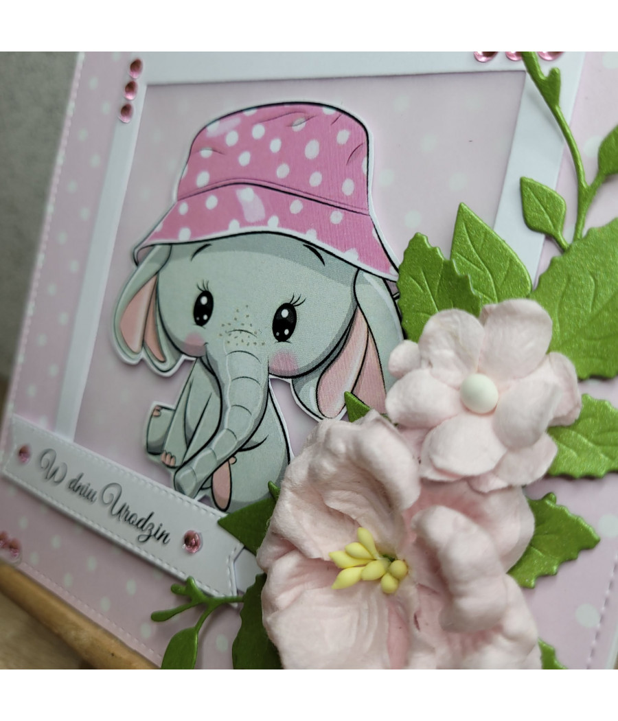 Rózowa kartka na Urodziny, Roczek, słonik, kwiaty, handmade