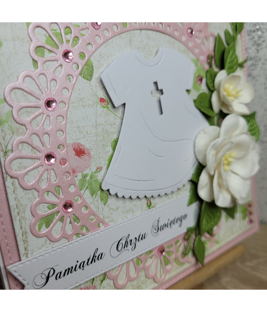 Różowa kartka na Chrzest, Szatka, kwiaty, handmade