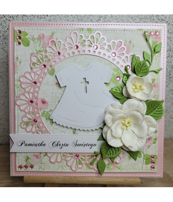 Różowa kartka na Chrzest, Szatka, kwiaty, handmade