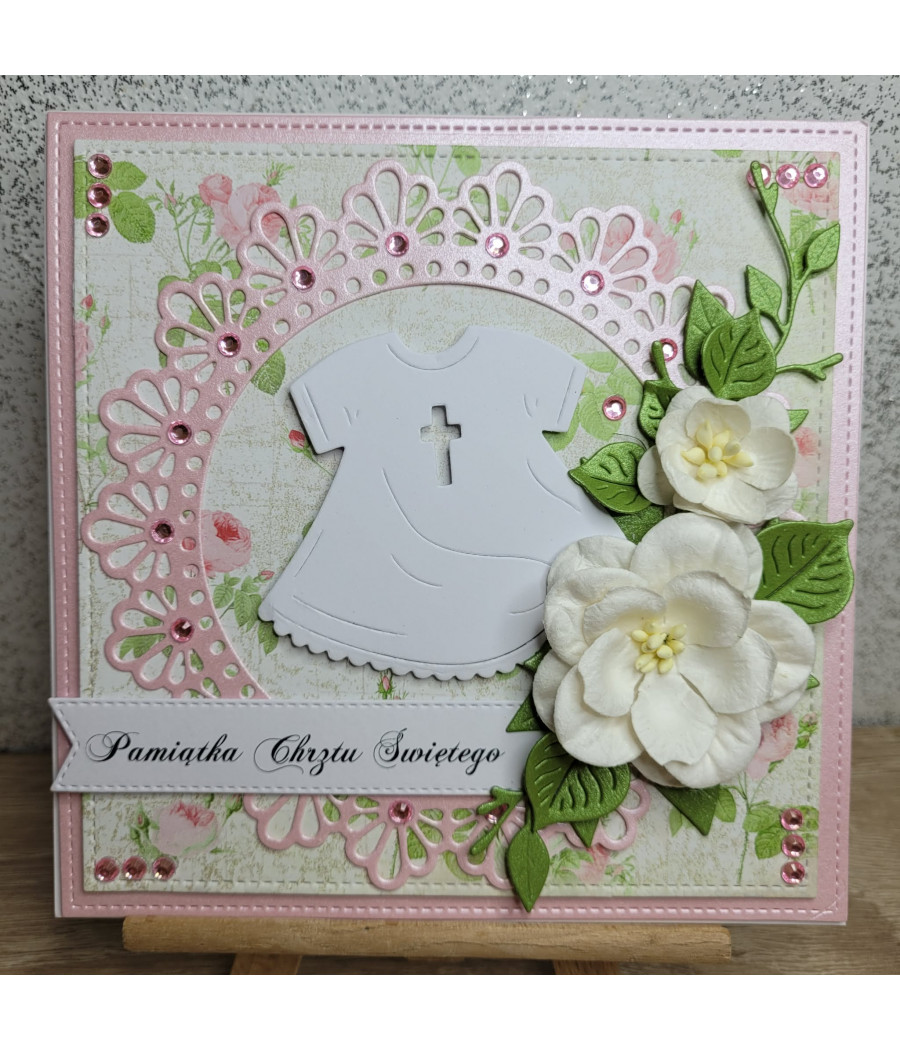 Różowa kartka na Chrzest, Szatka, kwiaty, handmade