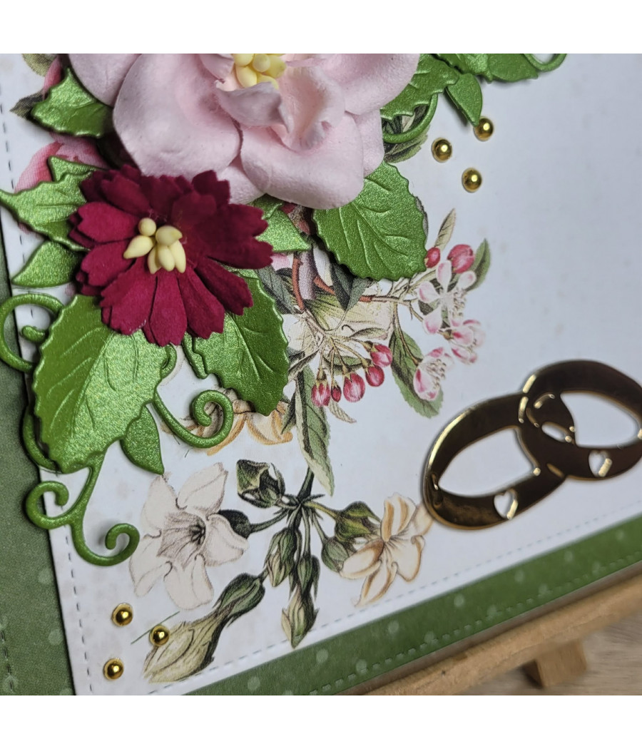 Zielono-różowa kartka na Ślub, Rocznicę Ślubu, kwiaty, obrączki, handmade