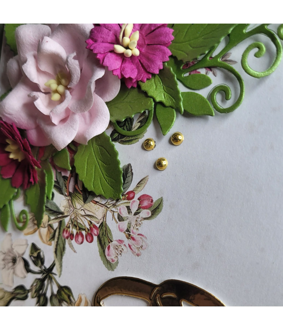 Zielono-różowa kartka na Ślub, Rocznicę Ślubu, kwiaty, obrączki, handmade