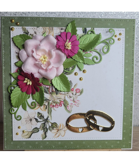 Zielono-różowa kartka na Ślub, Rocznicę Ślubu, kwiaty, obrączki, handmade