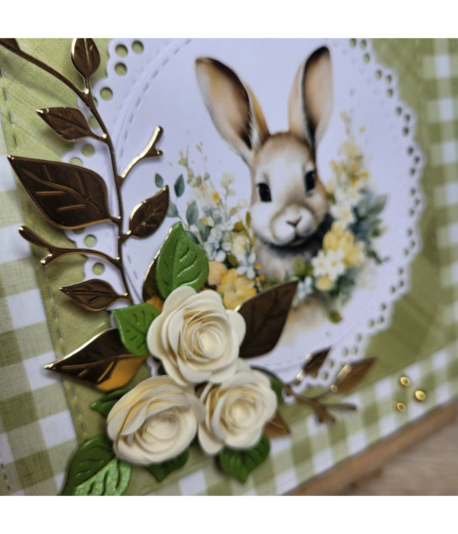 Zielono-złota kartka na Wielkanoc z zajaczkiem, handmade