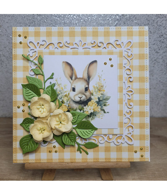 Żółta kartka na Wielkanoc, zajączek, kwiaty, handmade