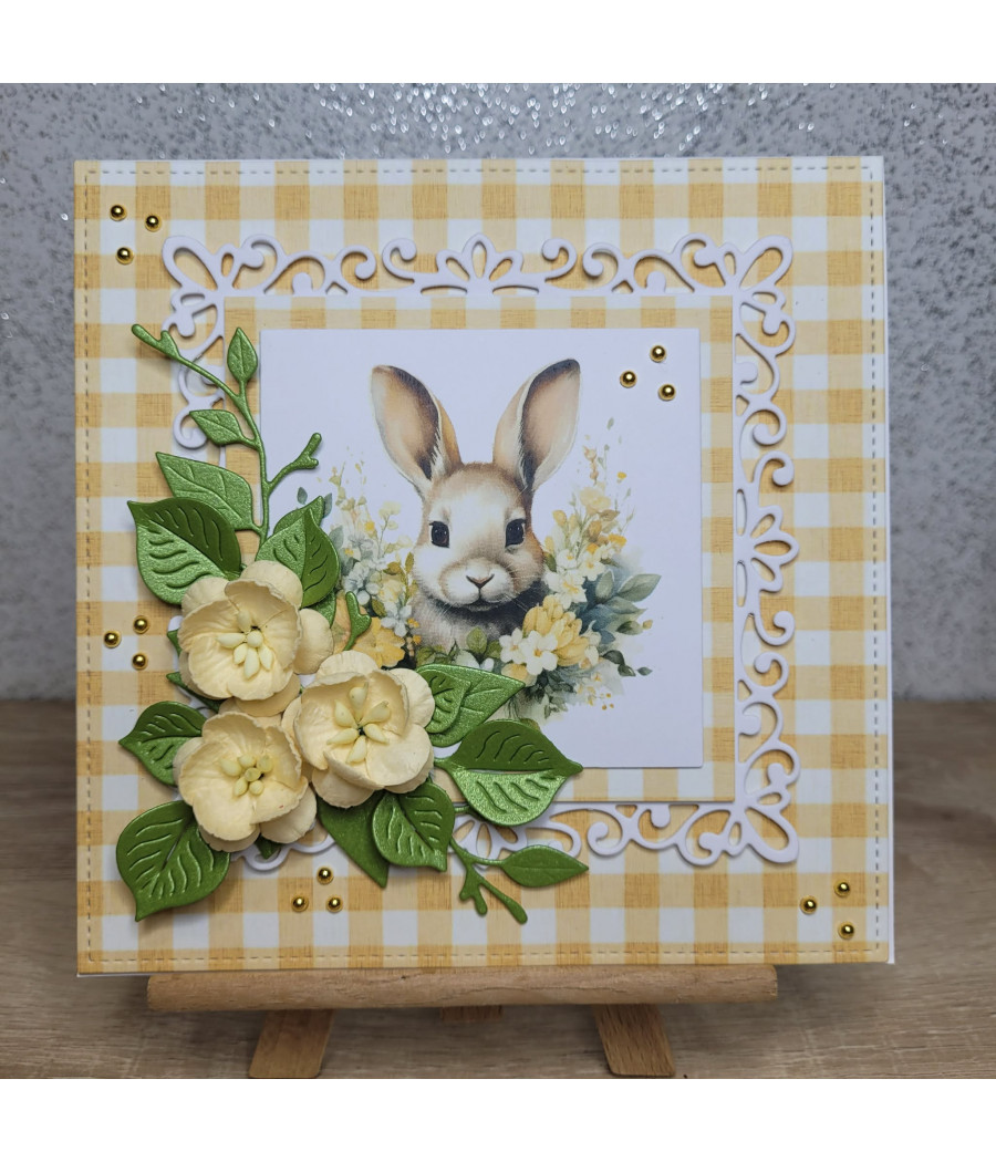 Żółta kartka na Wielkanoc, zajączek, kwiaty, handmade