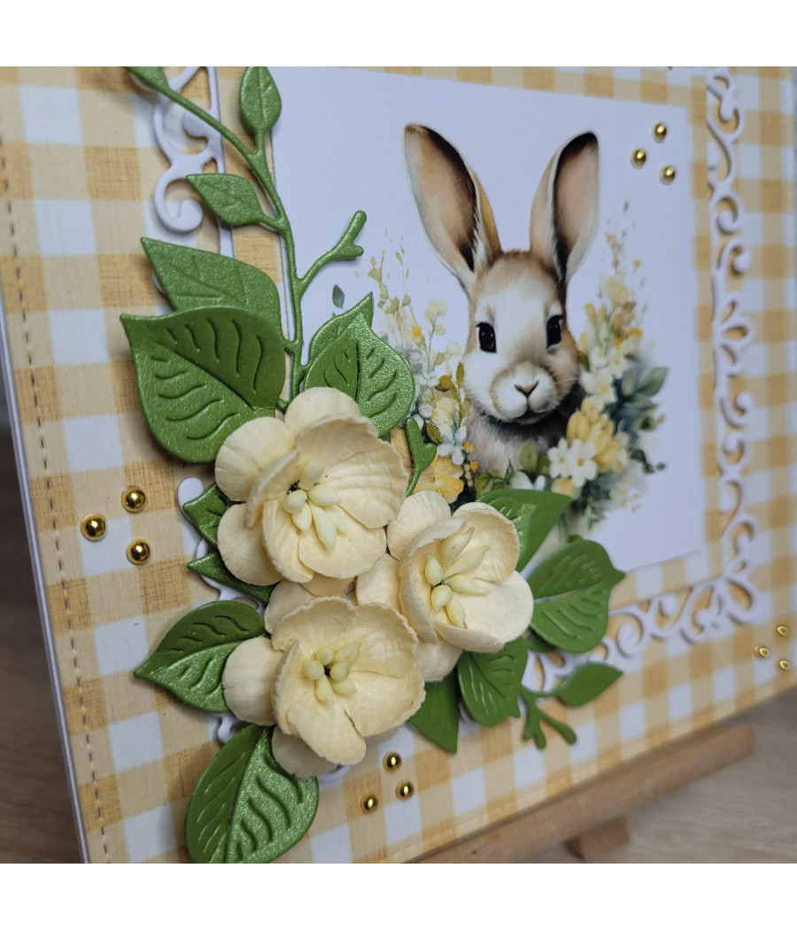 Żółta kartka na Wielkanoc, zajączek, kwiaty, handmade