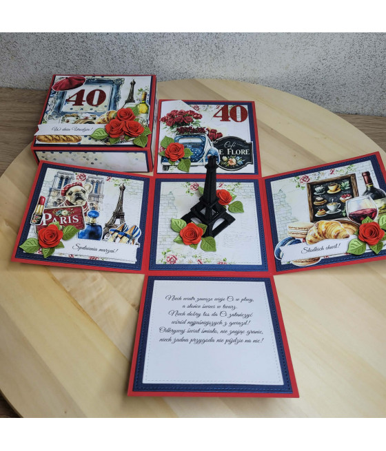 Exploding box Paryż, 40 urodziny, Wieża Eiffela, rogaliki, róże, handmade