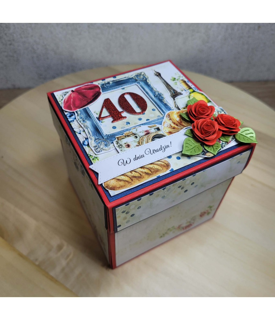 Exploding box Paryż, 40 urodziny, Wieża Eiffela, rogaliki, róże, handmade
