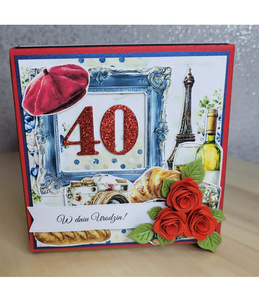 Exploding box Paryż, 40 urodziny, Wieża Eiffela, rogaliki, róże, handmade