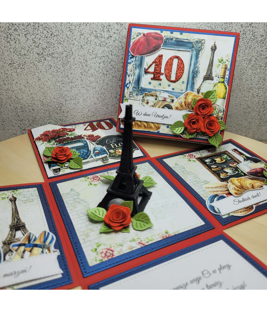 Exploding box Paryż, 40 urodziny, Wieża Eiffela, rogaliki, róże, handmade