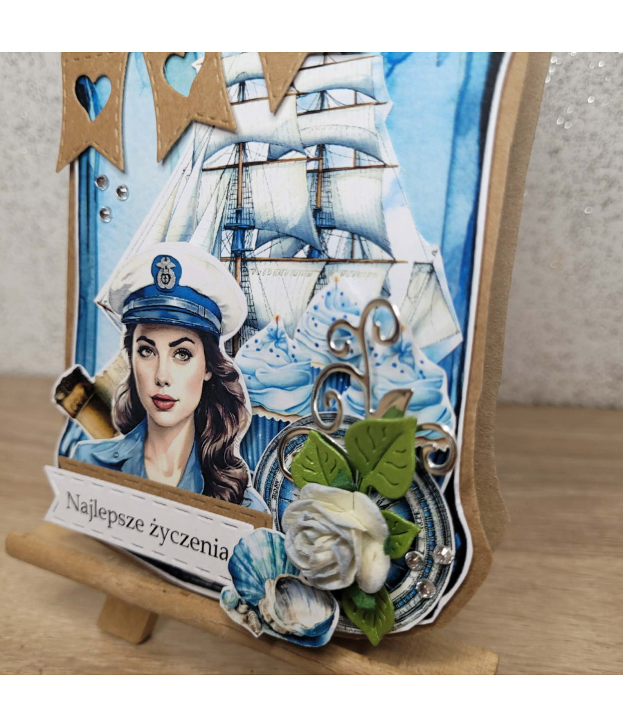 Kartka w kształcie morskiej butelki, statek, handmade