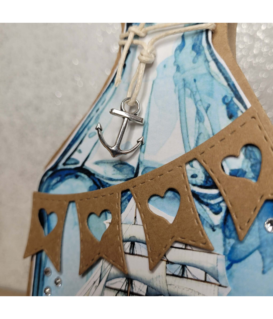 Kartka w kształcie morskiej butelki, statek, handmade