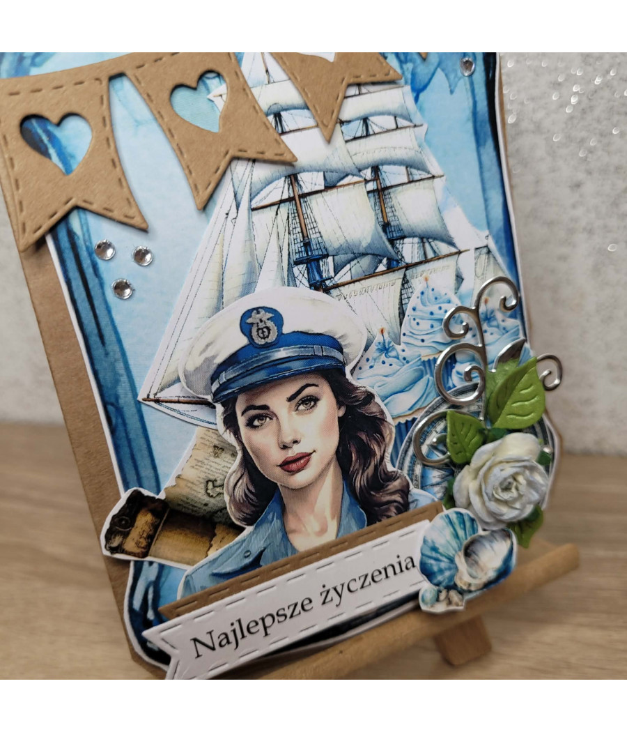 Kartka w kształcie morskiej butelki, statek, handmade