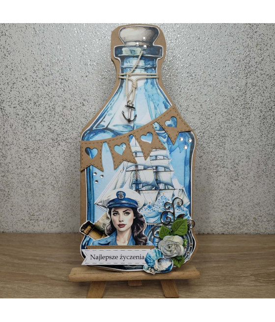 Kartka w kształcie morskiej butelki, statek, handmade
