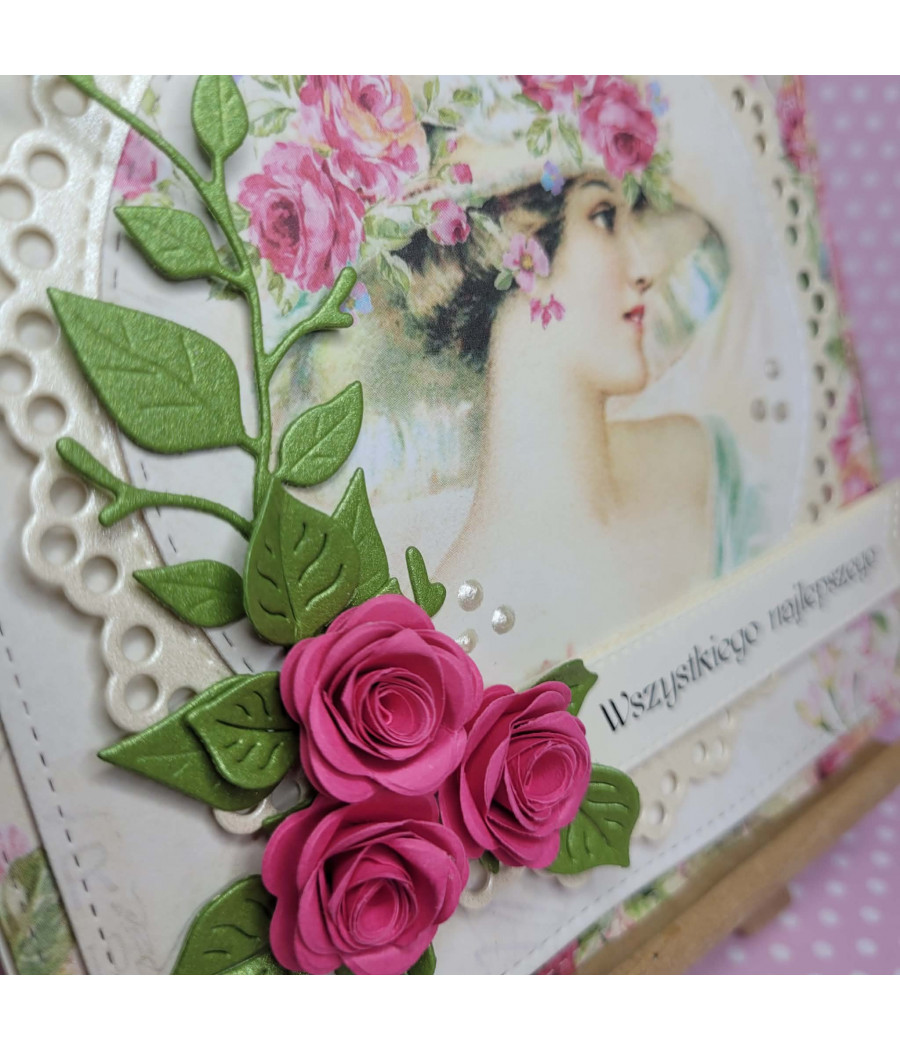 Różowa kartka na każdą okazję, dama, kwiaty, handmade