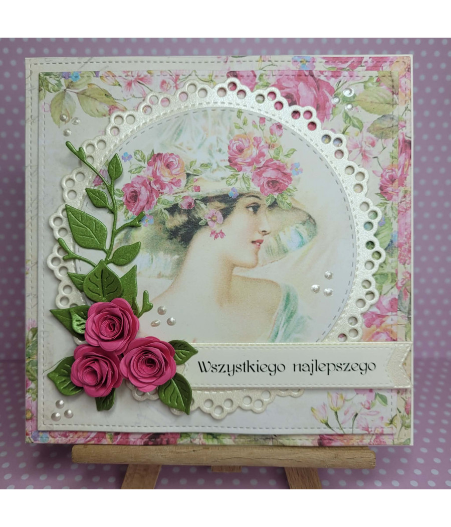 Różowa kartka na każdą okazję, dama, kwiaty, handmade