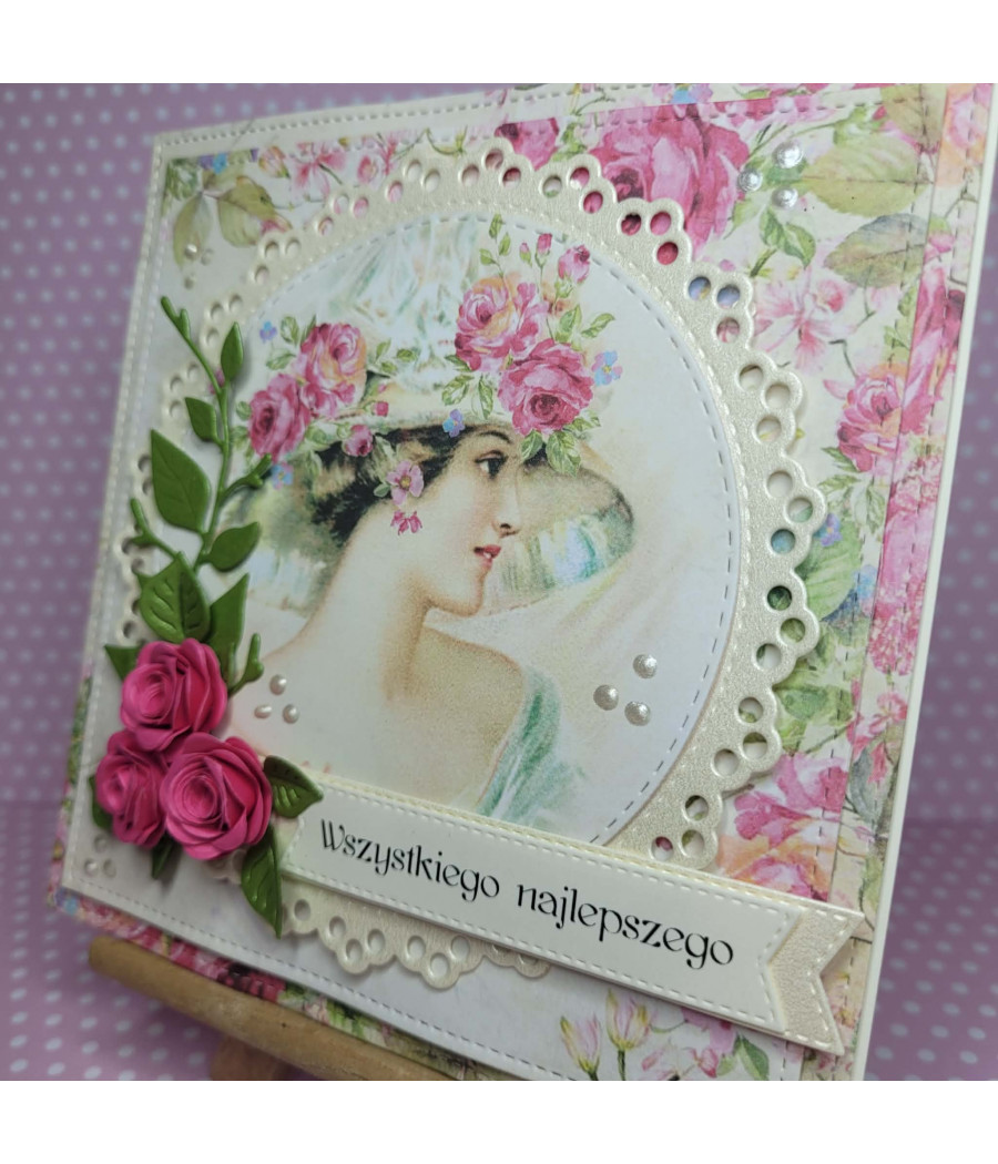 Różowa kartka na każdą okazję, dama, kwiaty, handmade
