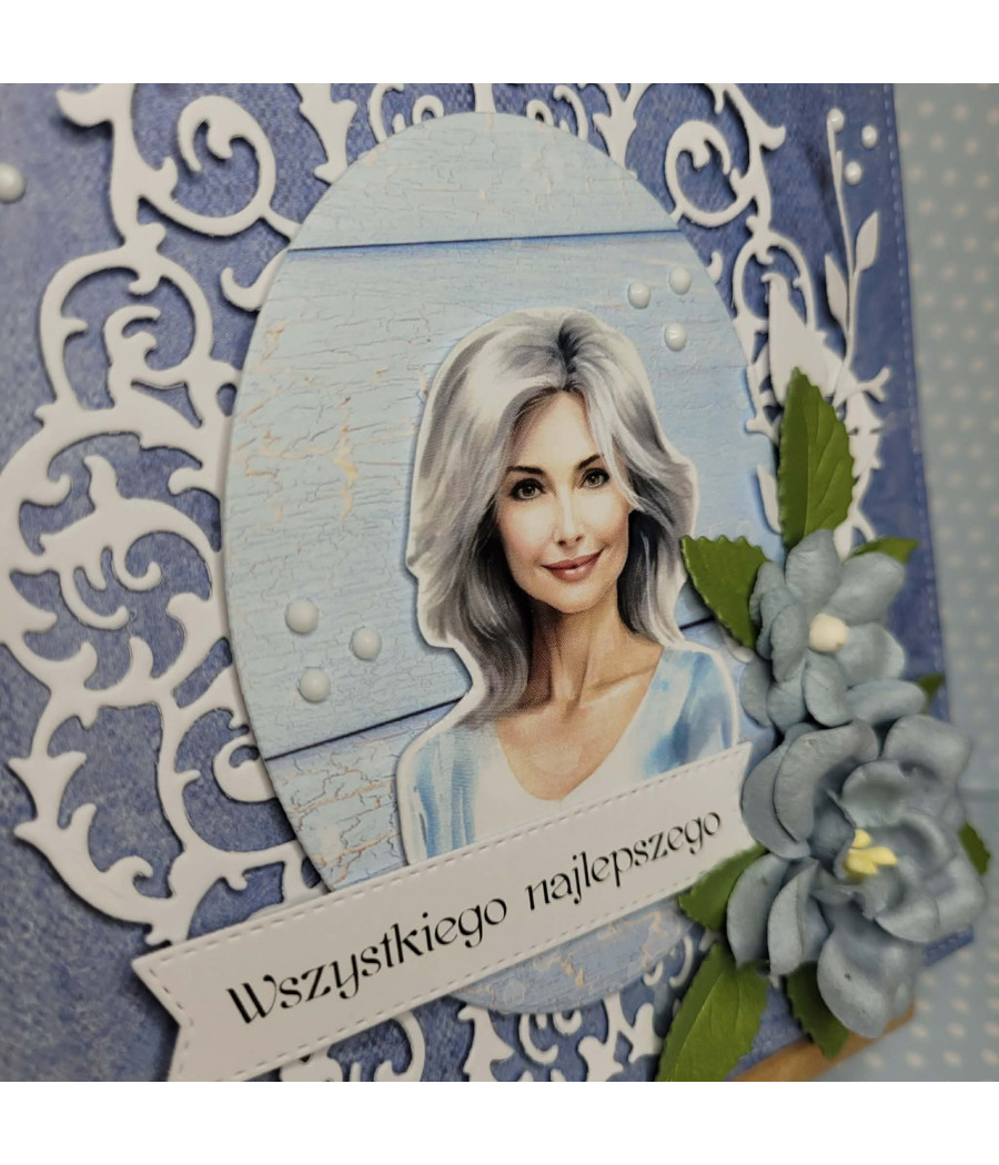 Niebieska, kobieca kartka na każdą okazję, kwiaty, Dzień Matki, handmade