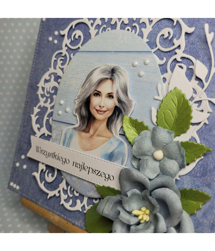 Niebieska, kobieca kartka na każdą okazję, kwiaty, Dzień Matki, handmade