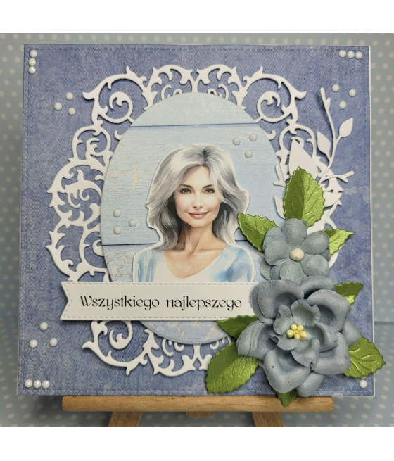 Niebieska, kobieca kartka na każdą okazję, kwiaty, Dzień Matki, handmade