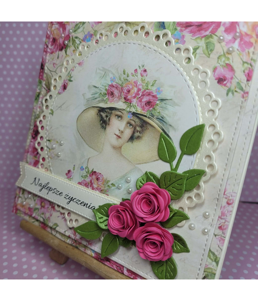 Różowa kartka z damą na każdą okazję, kwiaty, handmade