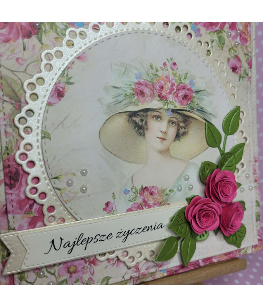 Różowa kartka z damą na każdą okazję, kwiaty, handmade