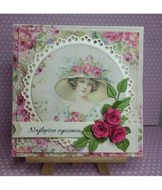 Różowa kartka z damą na każdą okazję, kwiaty, handmade