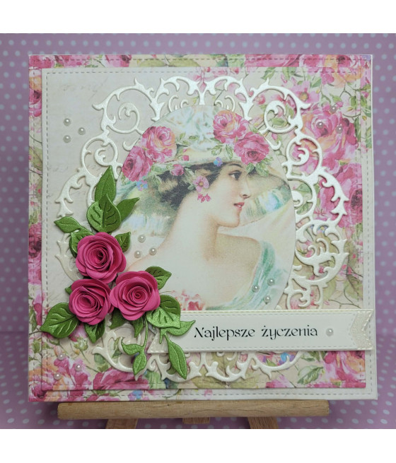 Różowa, kobieca kartka z damą, kwiaty, handmade