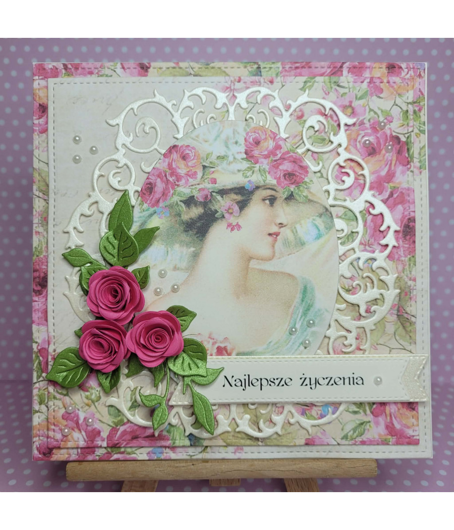 Różowa, kobieca kartka z damą, kwiaty, handmade