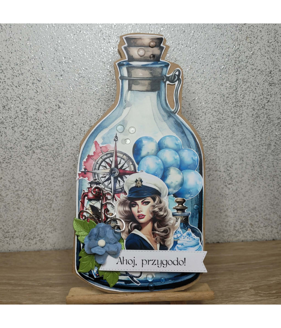 Kartka - butelka, marynistyczna, baloniki, handmade