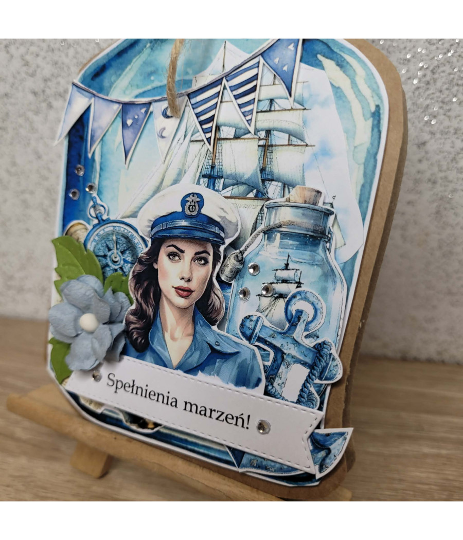 Kartka morska butelka, kotwica, kwiatek, handmade