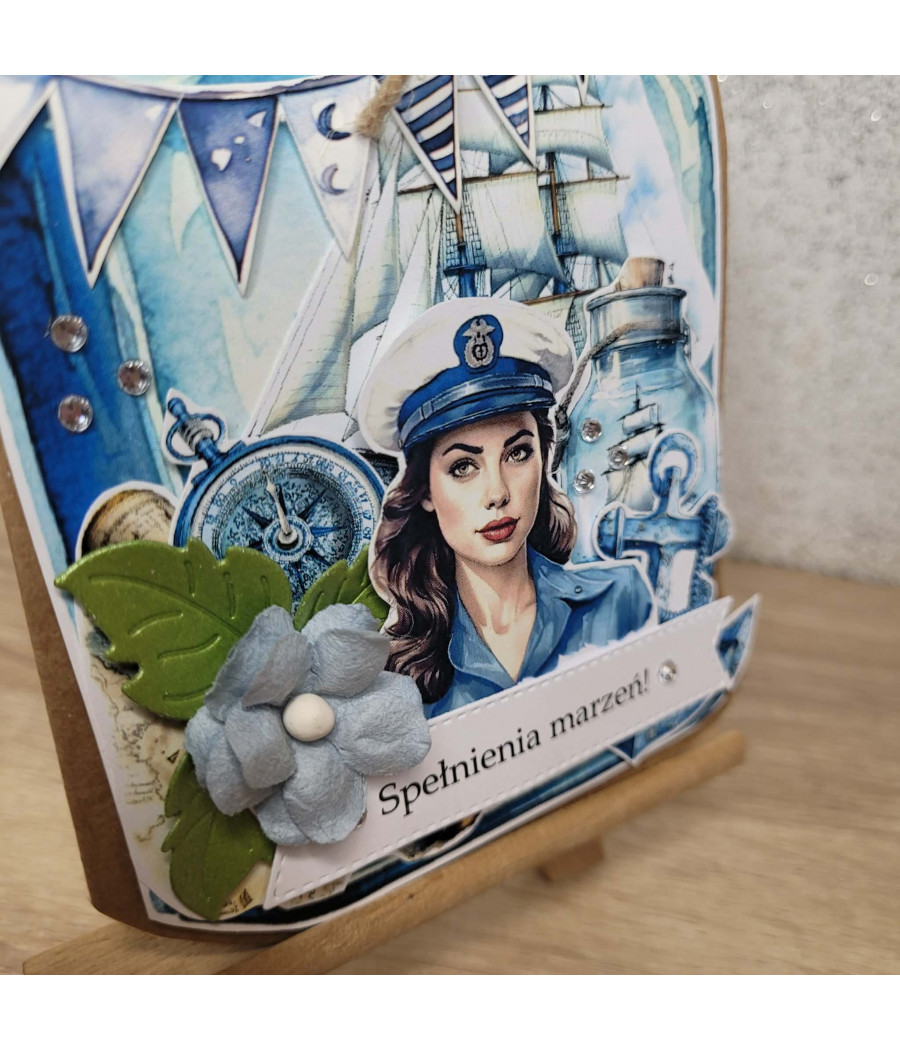 Kartka morska butelka, kotwica, kwiatek, handmade