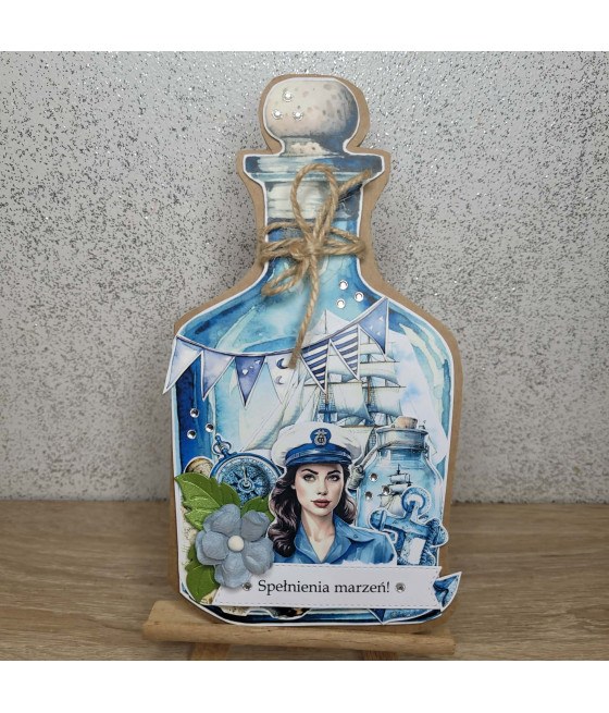 Kartka morska butelka, kotwica, kwiatek, handmade