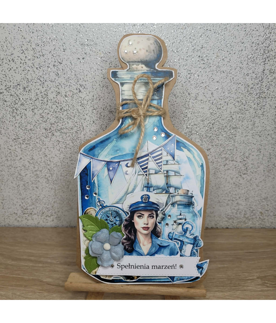 Kartka morska butelka, kotwica, kwiatek, handmade