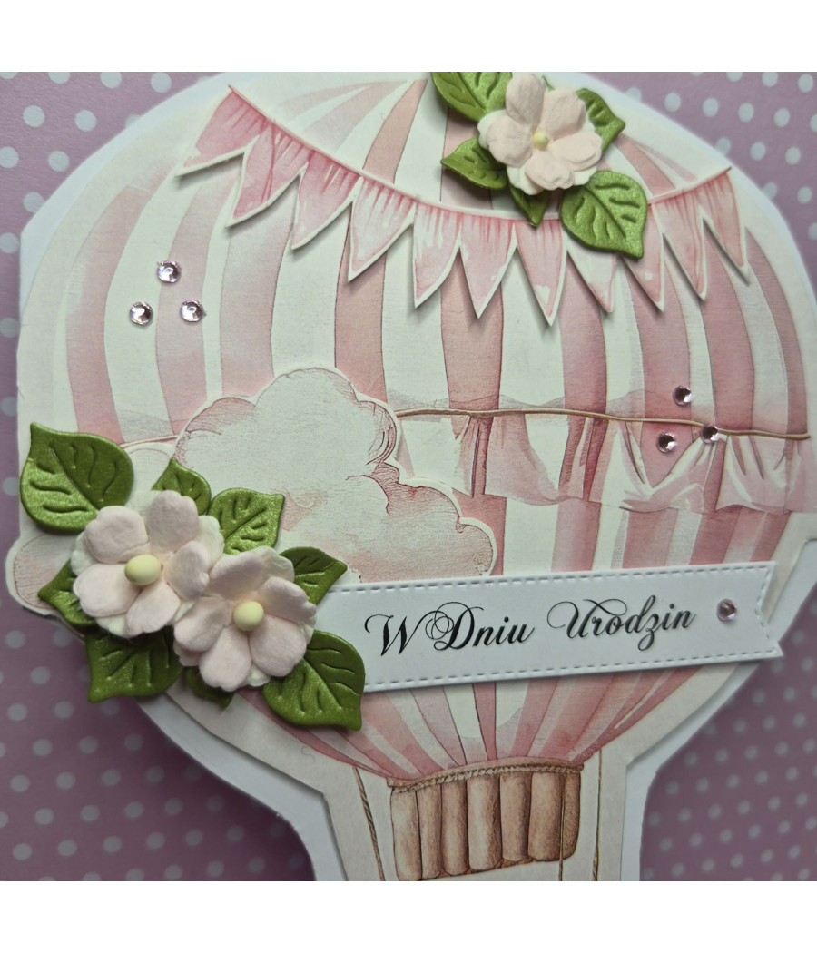 Różowa kartka - balon z koszem, kwiaty, Urodziny, handmade